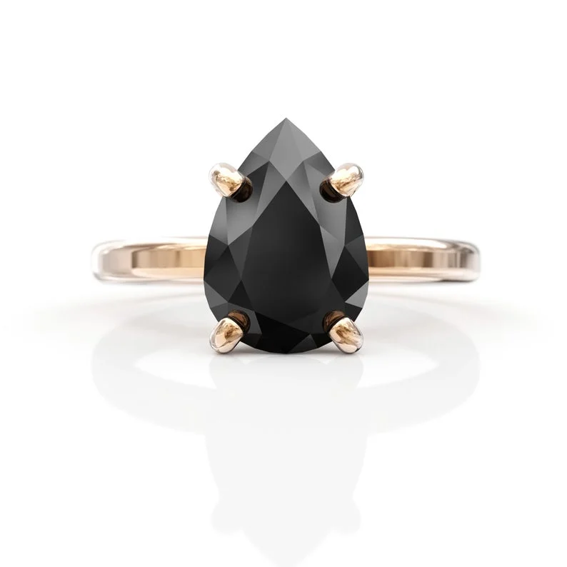 Fleck finish ring-14K Gold Pear Cut Black Diamond Ring For Her