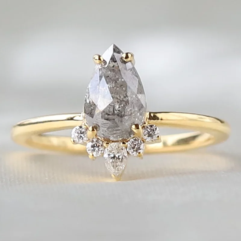 Classic mine ring-1.20 CT Pear Shape Salt And Pepper Diamond Sunburst Ring, Salt and Pepper Diamond Ring