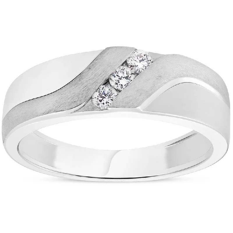 Swirl tide ring-Pompeii3 10k White Gold 1/5ct TDW Diamond Mens Brushed Wedding Three Stone Ring Band