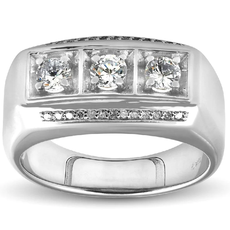 Joint clasp ring-Pompeii3 10k White Gold 1ct TDW Diamond Mens Three Stone Wedding Anniversary Ring