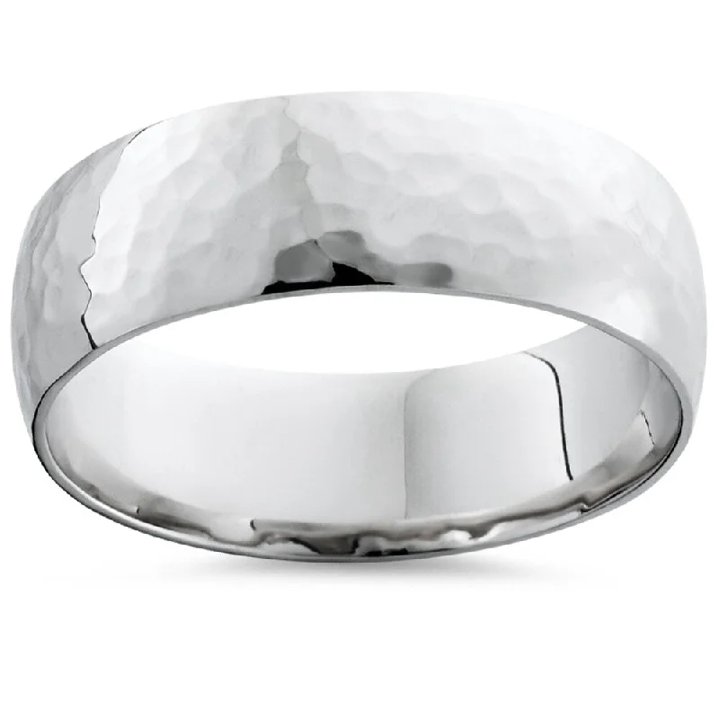 Rose petal ring-Pompeii3 10k White Gold Mens Hammered High Polished 7mm Ring Wedding Band