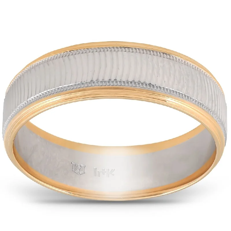 Matte band ring-Pompeii3 10k Yellow Gold Mens Brushed Two Tone Curved Wave Design Ring Wedding Band 6MM Wide Comfort Fit