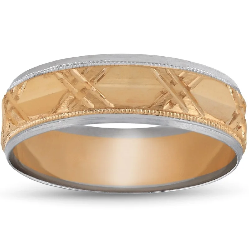 Copper toned ring-Pompeii3 14k White & Rose Gold Two Tone Mens 6mm Hand Carved Wedding Band