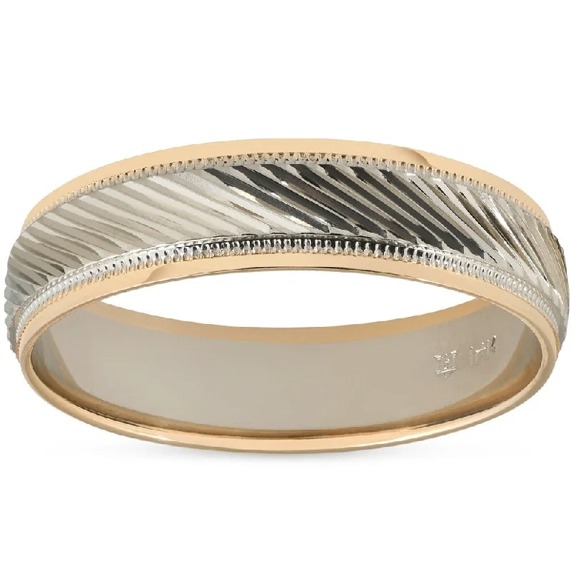 Rough grain ring-Pompeii3 14k White & Yellow Gold Two Tone Brushed Wedding Band 6MM Mens Ring Comfort Fit