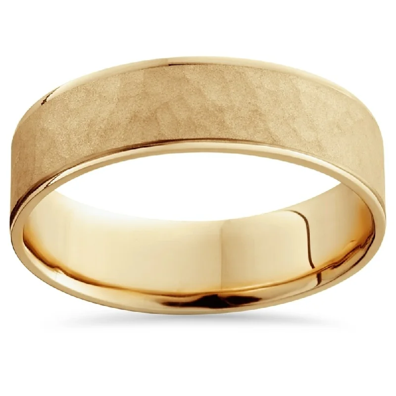 Slanted gem ring-Pompeii3 14k Yellow Gold Brushed Hammered 6MM Flat Comfort Fit Wedding Ring Mens Band - White