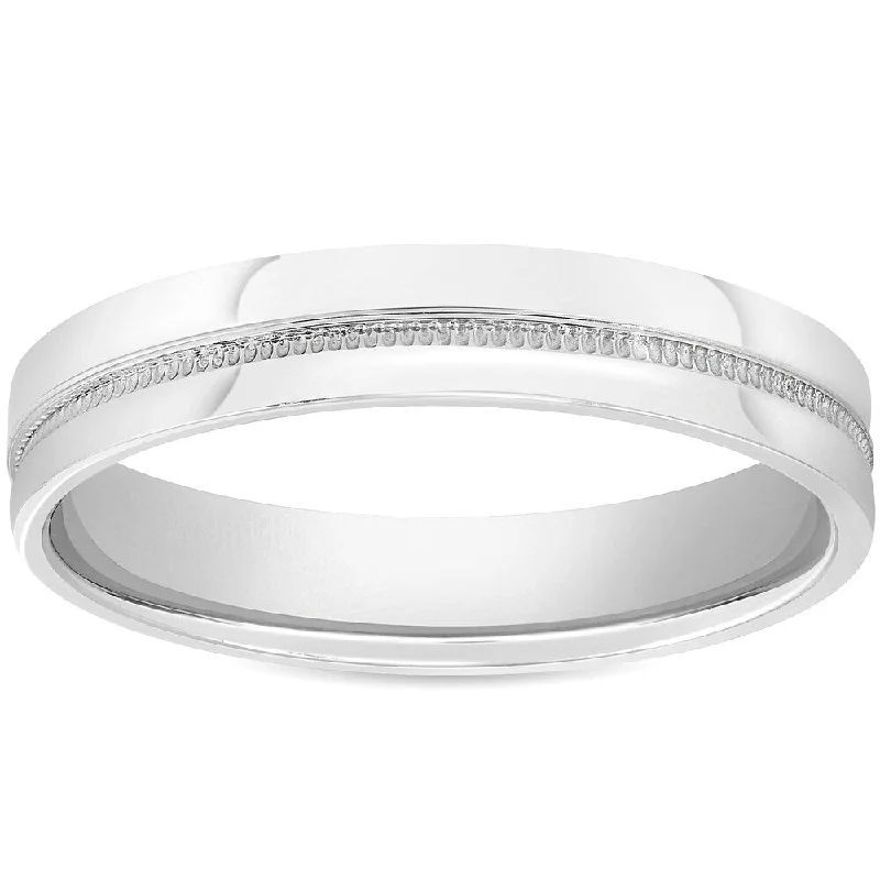 Soft fade ring-Pompeii3 Mens 10k White Gold 4mm Flat Band High Polished Milgrain Accent Wedding Ring