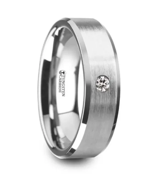 Leather band ring-PORTER Brushed Finish Tungsten Ring with White Diamond Setting and Beveled Edges