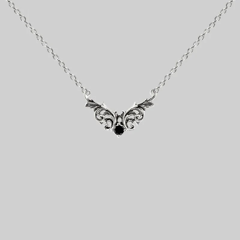 Inlaid design necklace-QUENTIN. Ornate Flourish Chevron Onyx Collar - Silver