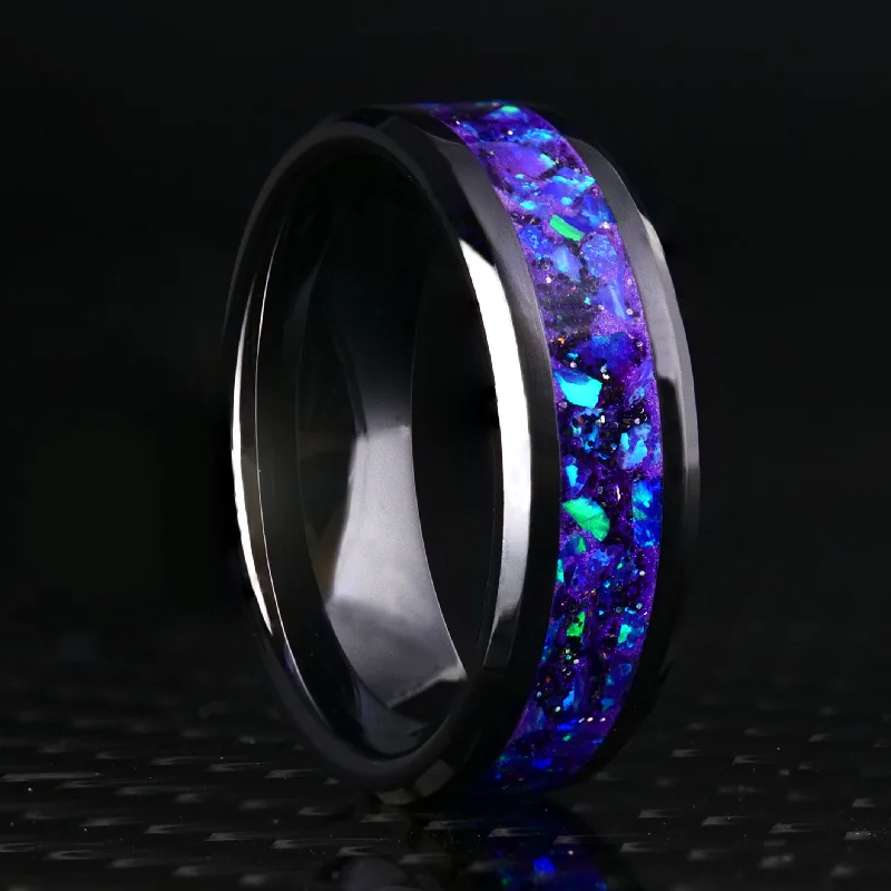 Artisan craft ring-Radiant Lavender Opal Glowstone Ring on Black Ceramic