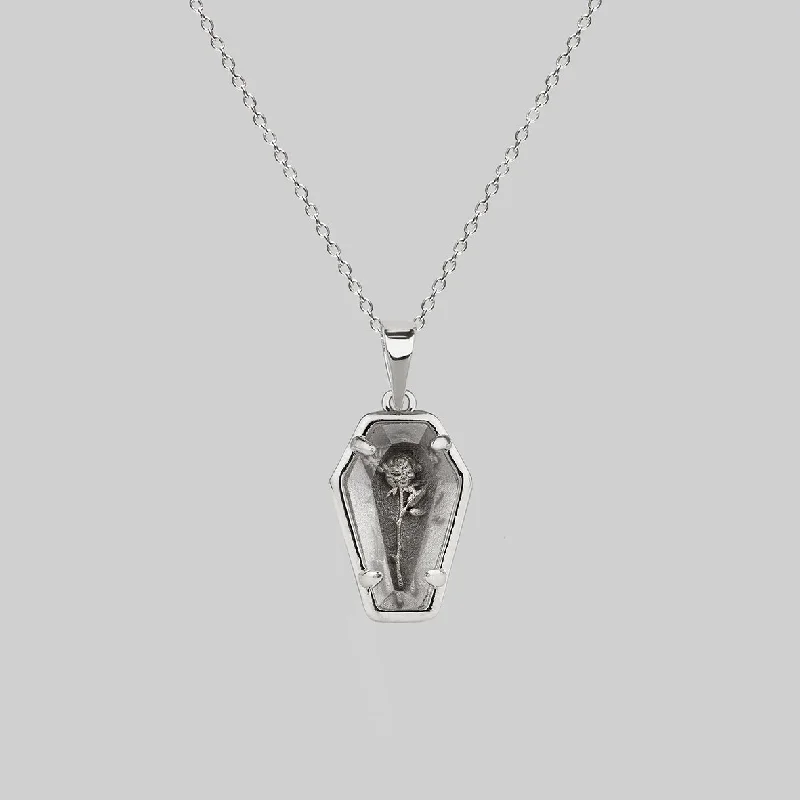 Uncut gem necklace-REBIRTH. Rose Under Glass Coffin Necklace - Silver