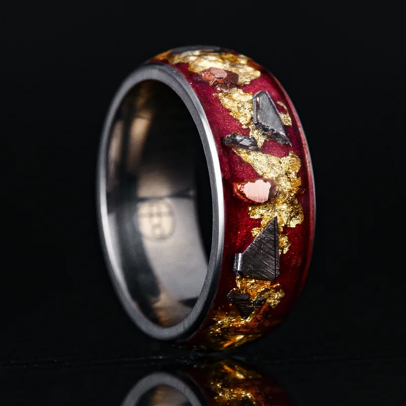 Artisan craft ring-Regal Halo Glowstone Ring on Titanium | Meteorite, Copper, and Gold Leaf