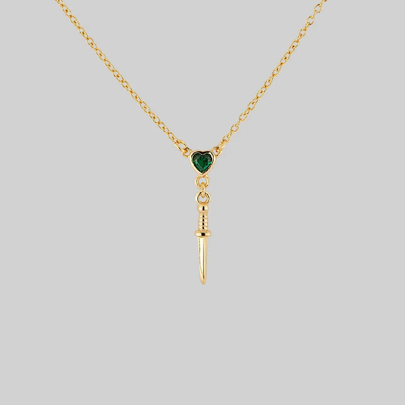 Heptagon stone necklace-REIGN. Green Heart & Dagger Drop Necklace - Gold