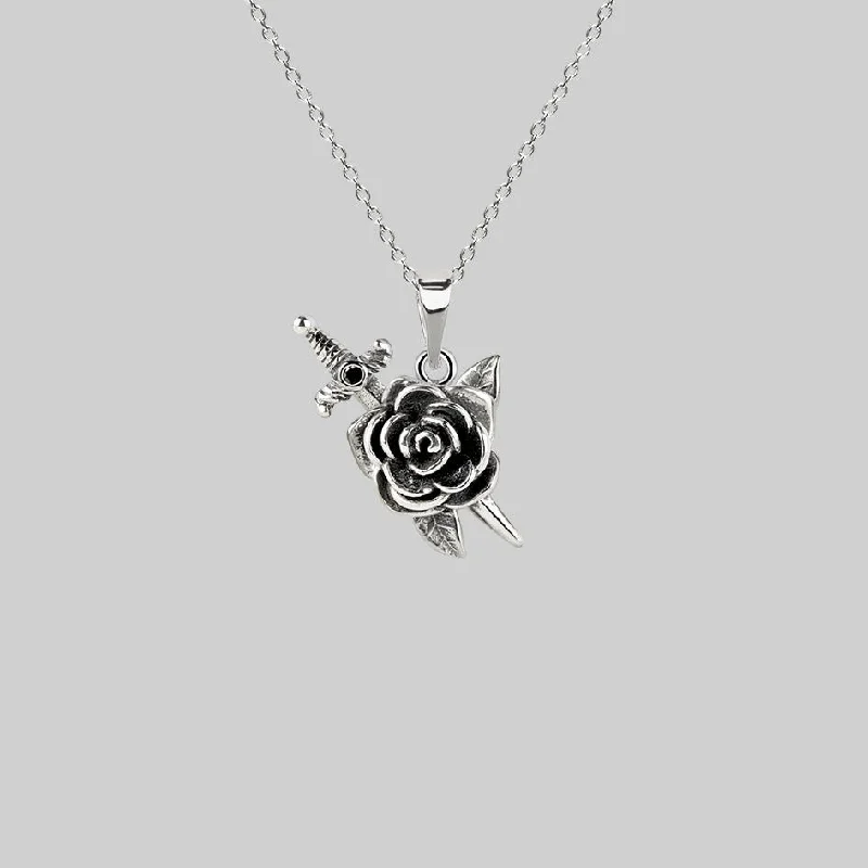 Early relic necklace-RHAPSODY. Dagger Through Rose Necklace - Silver