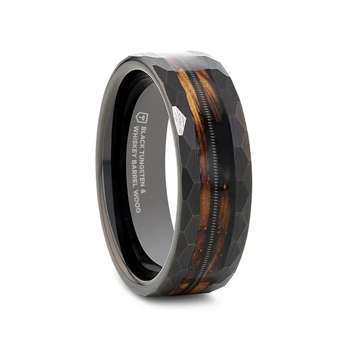 Round-cut opal ring-RIFF Black Tungsten Ring with Charred Whiskey Barrel and Guitar String - 8mm