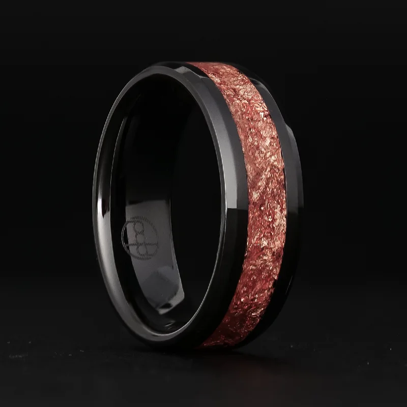 Leather band ring-Rose Gold Leaf Ring on Black Ceramic | Full Channel