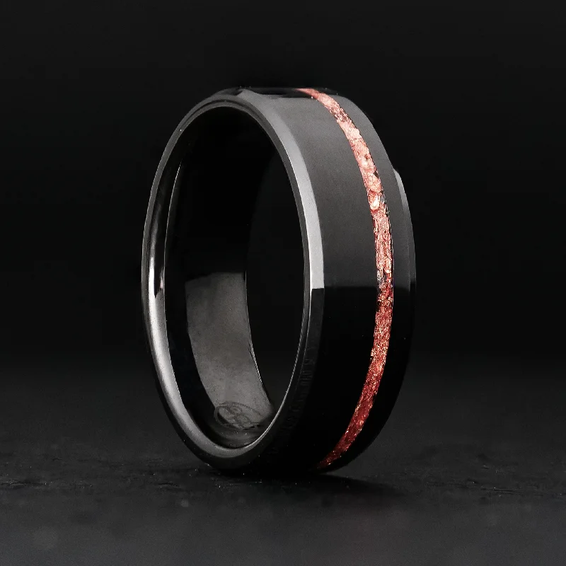 Fused alloy ring-Rose Gold Leaf Ring on Black Ceramic | Offset Inlay