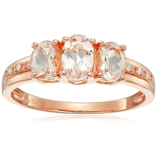 Artisan craft ring-Rose Gold-plated Silver Morganite, Diamond 3-Stone Oval Ring, Size 7 - Pink