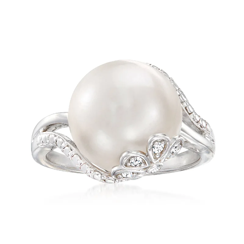 Inlaid design ring-Ross-Simons 12-12.5mm Cultured Pearl Ring With Diamond Accents in Sterling Silver