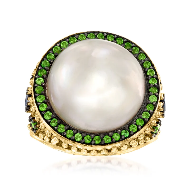 Polished ruby ring-Ross-Simons 15mm Cultured Mabe Pearl and . Chrome Diopside Ring With . Sapphires in 18kt Yellow Gold Over Sterling