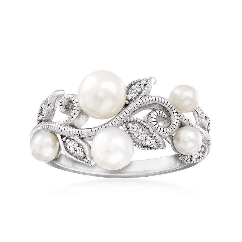 Sandstone speck ring-Ross-Simons 3-5.5mm Cultured Pearl Leaf Ring With Diamond Accents in Sterling Silver