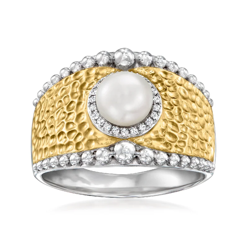 Fused alloy ring-Ross-Simons 6-6.5mm Cultured Pearl Beaded Ring With Diamond Accents in Sterling Silver and 18kt Gold Over Sterling