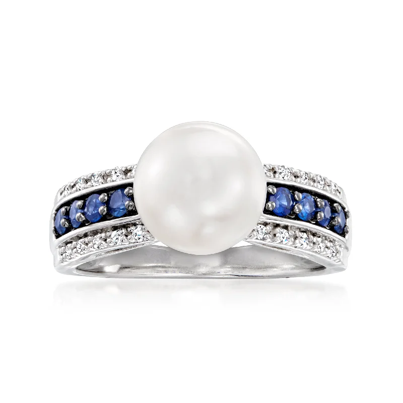 Family badge ring-Ross-Simons 8.5-9mm Cultured Pearl, . Sapphire and . Diamond Ring in Sterling Silver