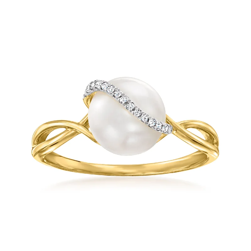 Iron relic ring-Ross-Simons 8-8.5mm Cultured Pearl Ring With Diamond Accents in 14kt Yellow Gold