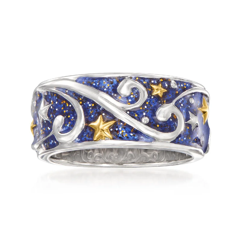 Smoked wood ring-Ross-Simons Glittery Blue Enamel Celestial Ring in 2-Tone Sterling Silver