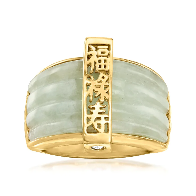 Crimped band ring-Ross-Simons Jade "Fortune, Prosperity, Longevity" Ring With 18kt Gold Over Sterling