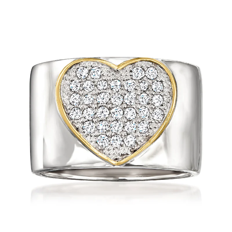 Matte band ring-Ross-Simons Pave Diamond Heart Ring in Sterling Silver With 14kt Yellow Gold