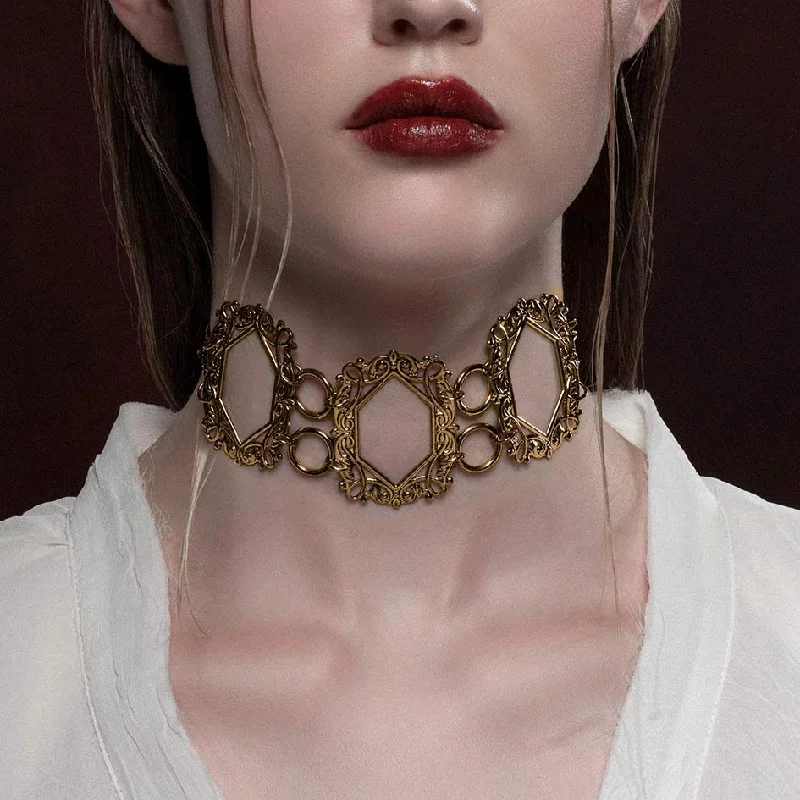 Sisal wrap necklace-SANSA. Vampesque Gothic Caged Choker - Gold