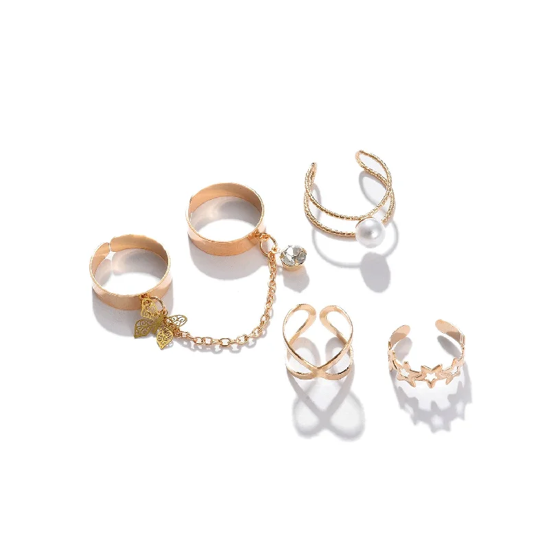 Glimmer spark ring-Set Of 4 Gold-plated  White Beaded Finger Rings