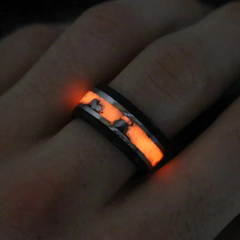 Flow stripe ring-Solar Eclipse Glowstone Ring | Carbon Fiber, Meteorite, and Sterling Silver