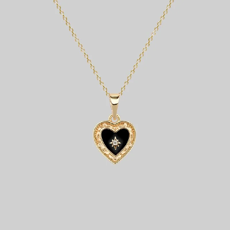 Quartz point necklace-SOLEMN. Black Enamel Heart Necklace - Gold