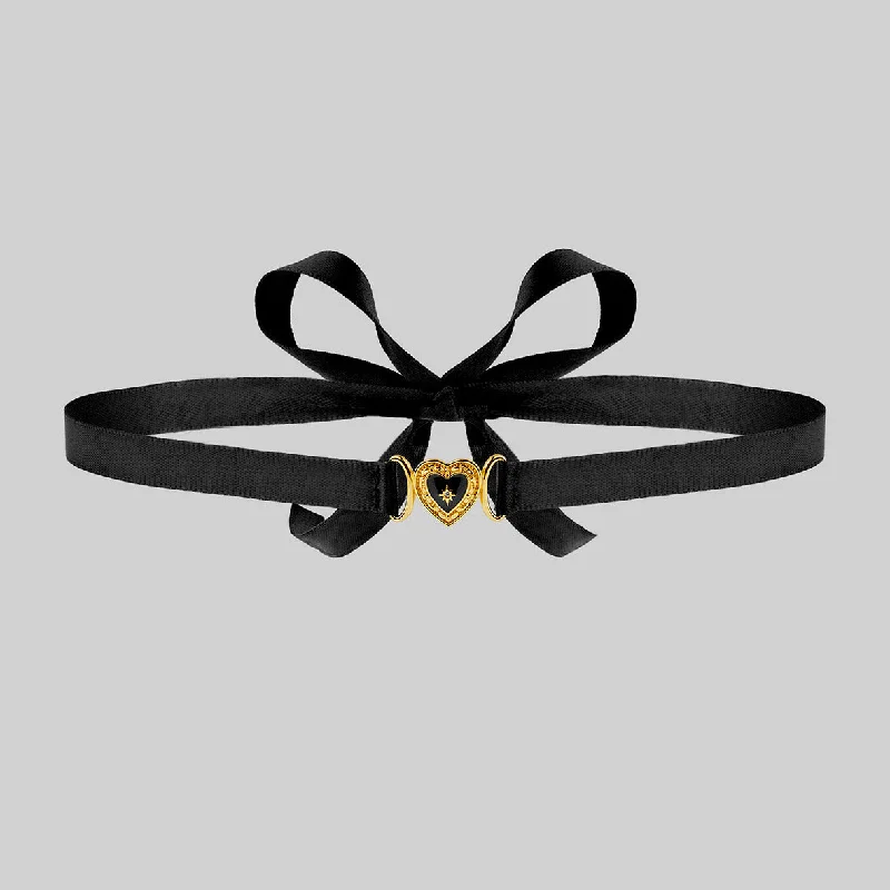 Jute weave necklace-SOLEMN. Black Enamel Heart Satin Choker - Gold