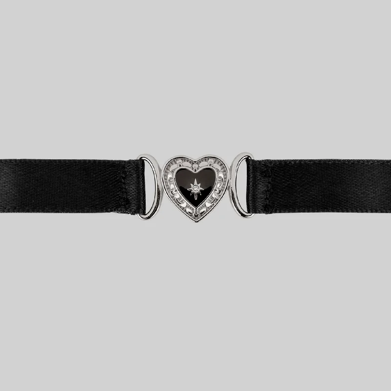 Zinc alloy necklace-SOLEMN. Black Enamel Heart Satin Choker - Silver