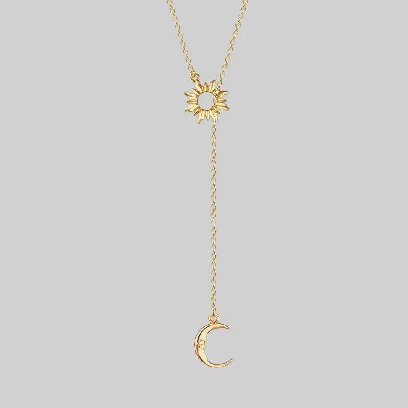 Iron relic necklace-SOLSTICE. Sun & Moon Lariat Necklace - Gold