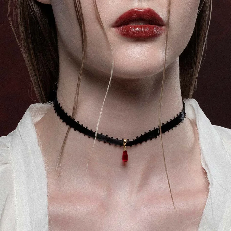 Folk print necklace-SORROW. Red Glass Droplet Ribbon Choker - Gold