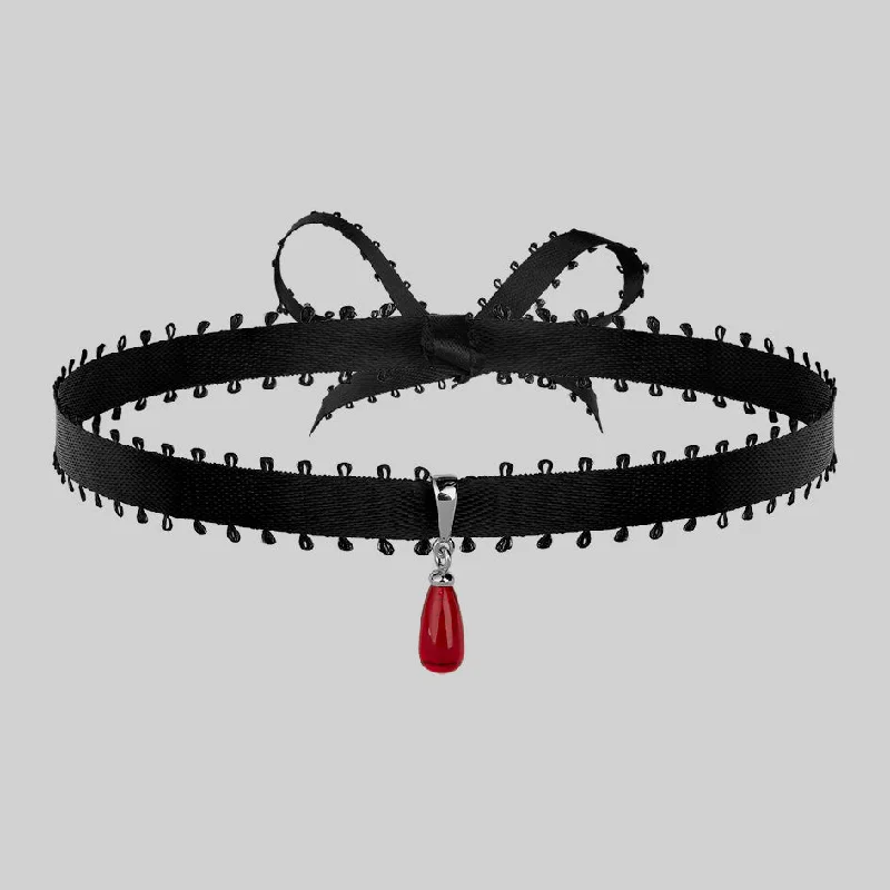 Gingham band necklace-SORROW. Red Glass Droplet Ribbon Choker - Silver