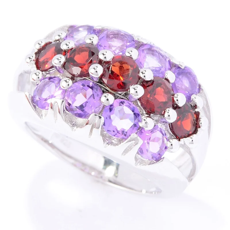 Matte band ring-Ss/ Brilliant Cut Round 2.67Ctw Garnet & Amethyst Three-Row Cluster Ring