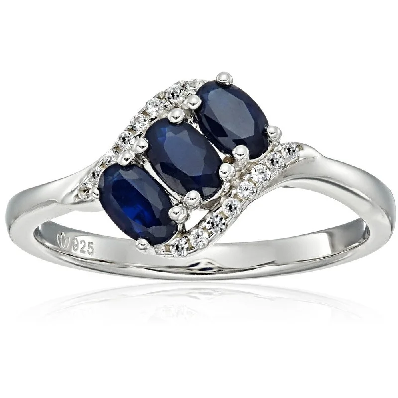 Gothic curve ring-Ster Silver Blue Sapphire, Created White Sapphire 3-stone Ring, Sz 7