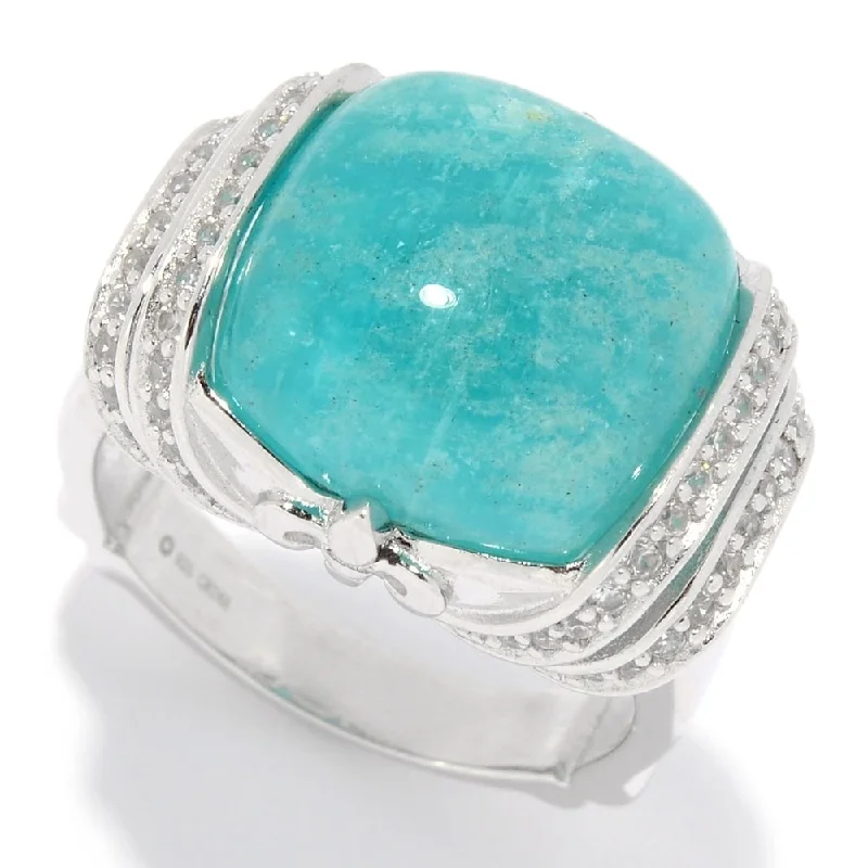 Fused alloy ring-Sterling Silver 14mm Cushion Shaped Amazonite & White Zircon Ring