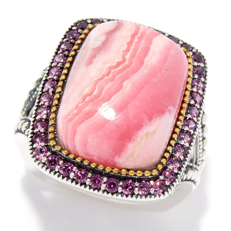 Quartz point ring-Sterling Silver 16 x 12mm Rhodochrosite & Rhodolite Ring