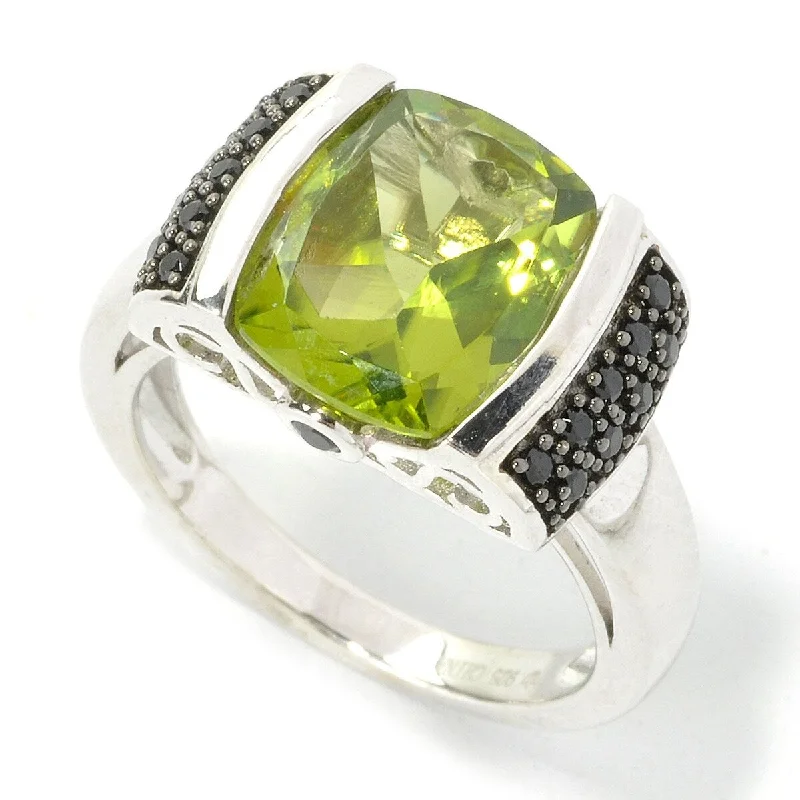 Coral seed ring-Sterling Silver 3.85Ctw 9Mm Cushion Peridot & Black Spinel Ring