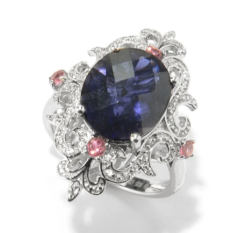 Scored rim ring-Sterling Silver 4Ctw Iolite, Pink Tourmaline & White Zircon Cocktail Ring