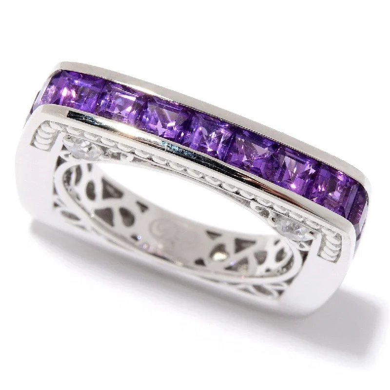 Swinging gem ring-Sterling Silver African Amethyst & White Zircon Square Band Ring