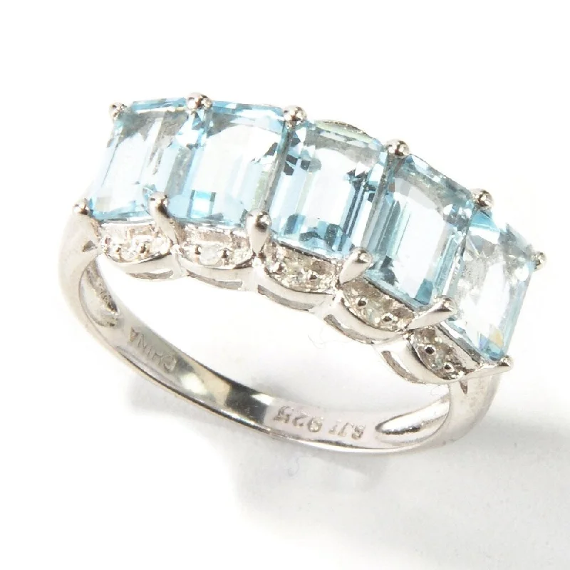 Forged wedding ring-Sterling Silver Aquamarine & Diamond Ring - Blue