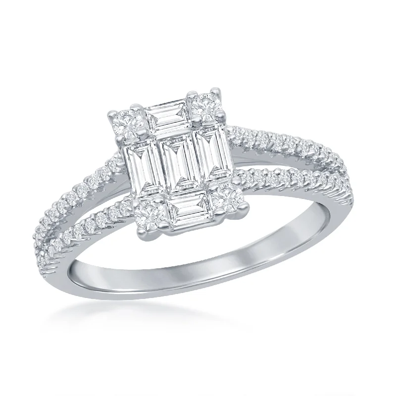 Stacked scale ring-Sterling Silver Baguette CZ Emerald-Cut Open Band Engagement Ring