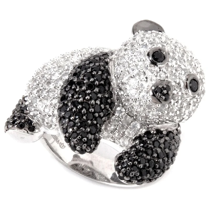 Artisan craft ring-Sterling Silver Black Spinel and White Zircon Panda Ring