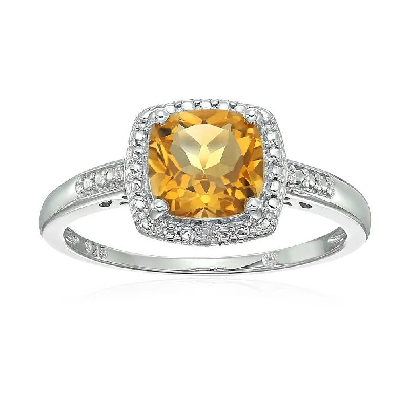 Folk print ring-Sterling Silver Cushion Citrine and Diamond Ring - Yellow